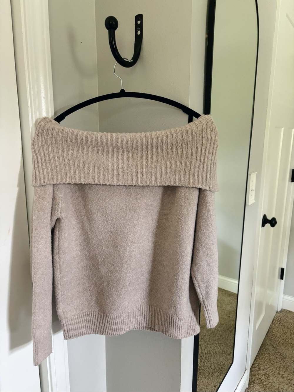 Off-the-Shoulder Ribbed Knit Sweater in Taupe